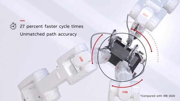3st vita ABB industrirobot som svetsar en konstruktion från JE robotteknik och automation